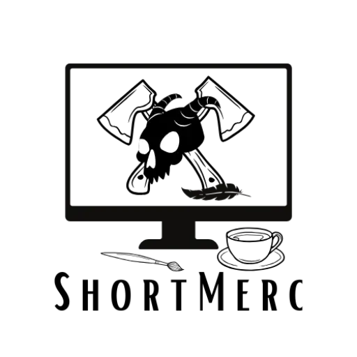 ShortMerc Logo | Top Goat Skull with two hatchets crossed behind it with a feather under the right handle - all in a computer monitor with a cup of coffee beneath the monitor and a paint brush to the left of the monitor with "ShortMerc" underneath the monitor all in a heavily lined black and white style.